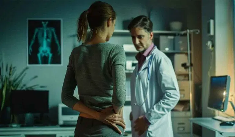 A woman holding her back speaks to a doctor in a medical office; an X-ray image is visible on the wall in the background.