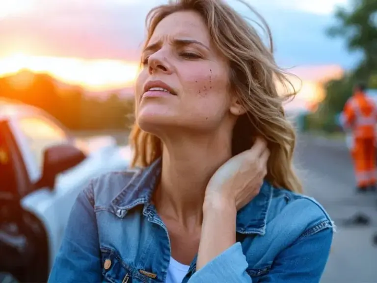 A woman with minor facial scratches holds her neck in discomfort beside a car, with an emergency worker in the background.