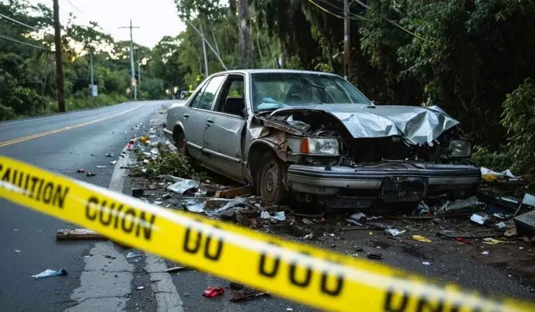 A damaged car sits on the roadside surrounded by debris, with yellow caution tape in the foreground.