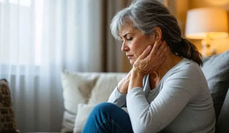 An older woman with gray hair sits on a couch, holding her neck with both hands and looking down with a serious expression.