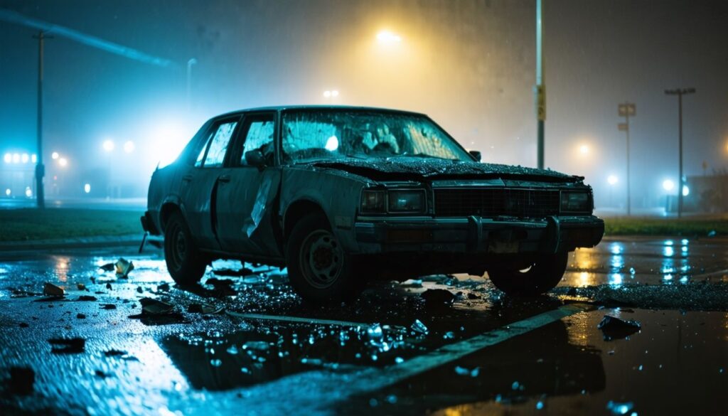 A damaged, abandoned car sits in a wet, empty parking lot at night with debris and puddles scattered around, illuminated by streetlights.