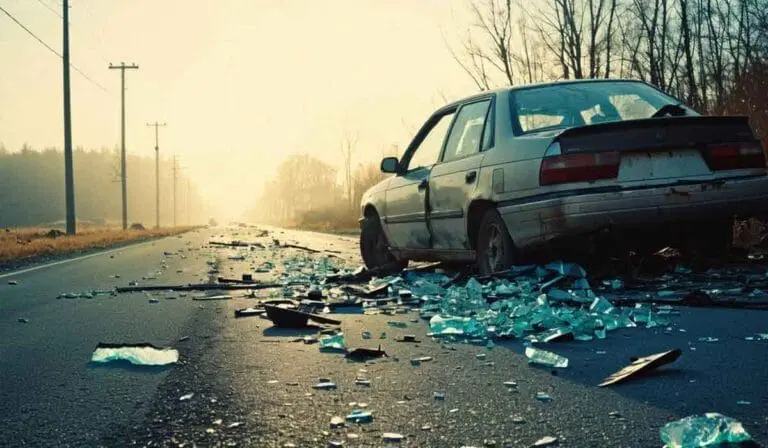 A damaged car sits on the side of a rural road with shattered glass and debris scattered across the pavement on a foggy morning.