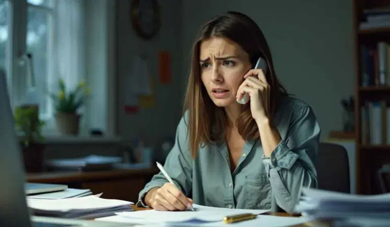 A woman sits at a desk with papers, holding a phone to her ear and looking concerned while writing with a pen.