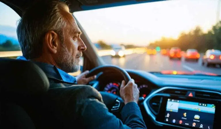 A man with gray hair drives a car on a highway at sunset, with traffic visible ahead and the car’s dashboard and navigation screen illuminated.