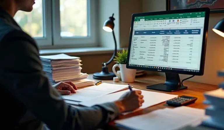 Person working at a desk with paperwork, writing in a notebook, and viewing a spreadsheet on a computer monitor in a well-lit office.