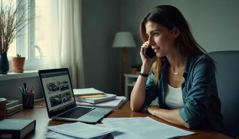A woman sits at a desk talking on the phone, with a laptop displaying car listings and papers spread out in front of her.
