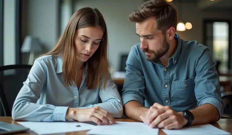 Two people sit at a table reviewing documents together, both focused on the papers in front of them in an office setting.