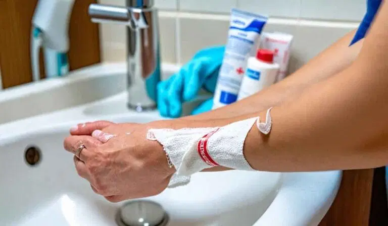 Person with a bandaged wrist and hospital ID wristband washing hands at a sink, with medical supplies visible in the background.