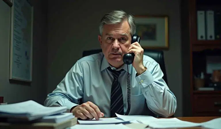 A middle-aged man in a dress shirt sits at a desk with papers, holding a phone to his ear and looking directly at the camera in an office setting.