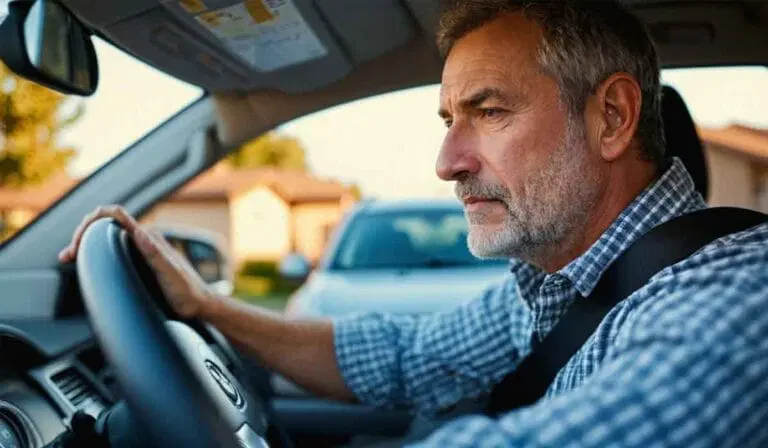 Middle-aged man wearing a seatbelt sits in the driver's seat of a car, looking ahead with a serious expression.