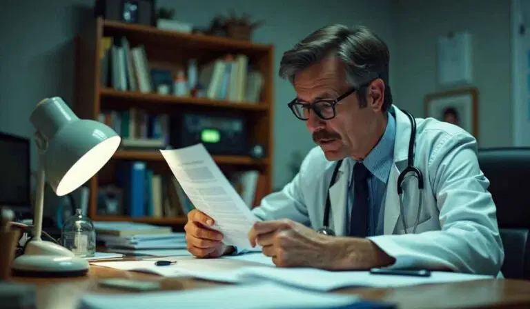 A doctor wearing a white coat and stethoscope sits at a desk in an office, reading documents under a desk lamp with bookshelves in the background.