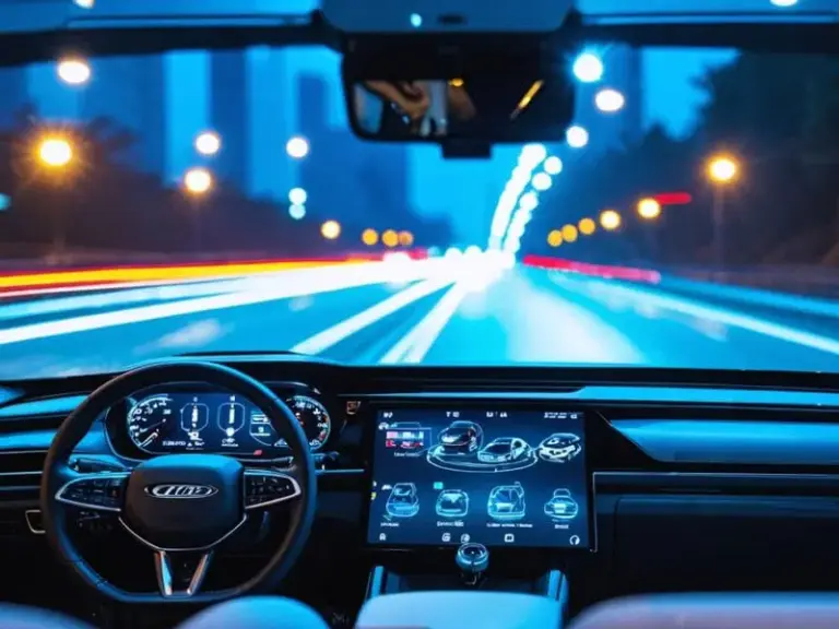 View from inside a modern car at night, showing a digital dashboard and touchscreen display, with blurred lights and traffic visible through the windshield.