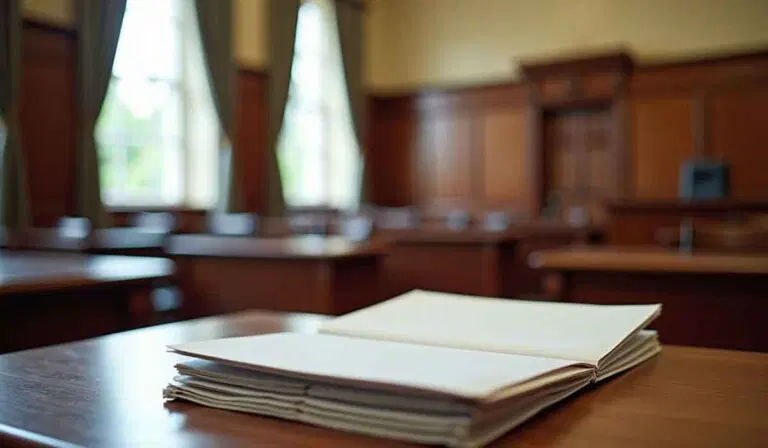 Open notebook on a desk in an empty courtroom with wooden furnishings, large windows, and sunlight coming through.