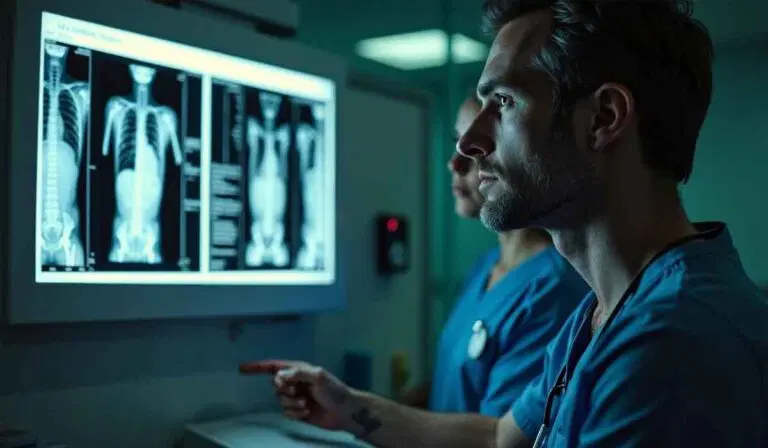 A medical professional in scrubs examines X-ray images displayed on a screen in a clinical setting, with another person in the background.