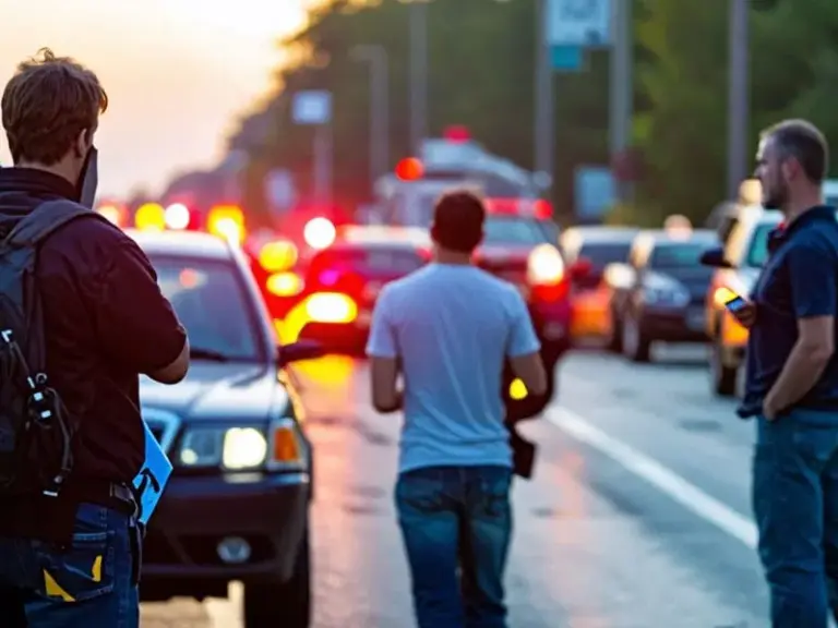 People stand near cars on a busy street at dusk, with blurred traffic and emergency vehicle lights visible in the background.