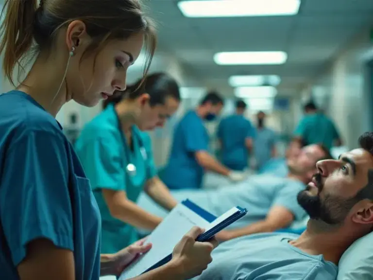 A healthcare worker reviews a chart next to a patient lying in a hospital bed in a busy medical hallway, with staff attending to other patients in the background.