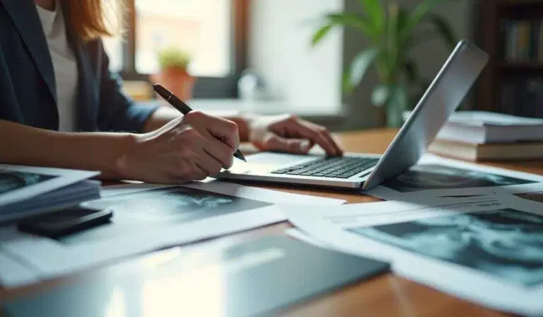 Person sitting at a desk using a laptop and writing on paper, surrounded by documents and books, with a plant in the background.