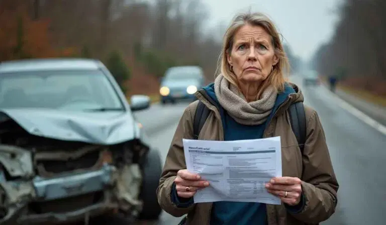 A woman stands on a road holding documents, looking concerned. A car with a damaged front is parked behind her, and other cars are in the background.