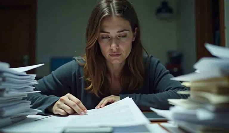 A woman sits at a desk reviewing paperwork, surrounded by large stacks of documents in a dimly lit room.