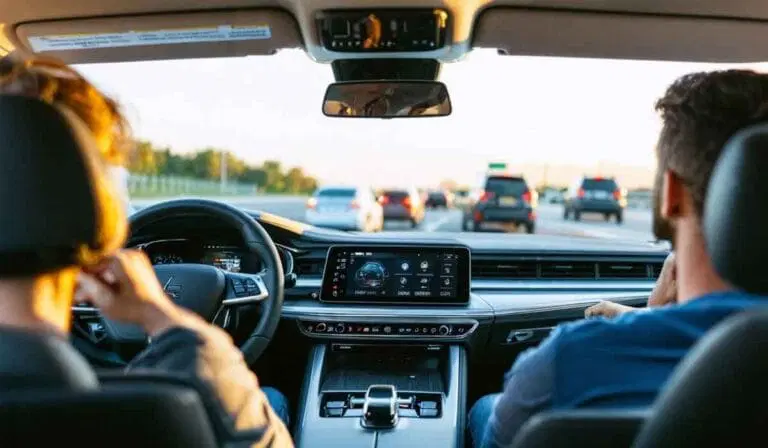 Two people sit in the front seats of a car driving on a busy highway, with vehicles visible ahead and sunlight streaming through the windows.