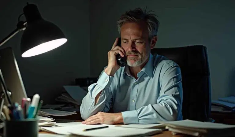 A man with gray hair and a beard sits at a desk under a lamp, talking on the phone and looking at paperwork in a dimly lit office.