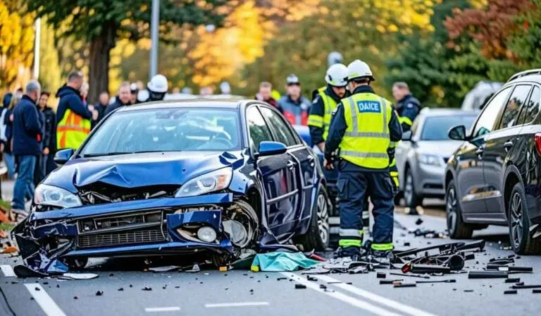 A damaged blue car involved in an accident on a street, with debris scattered around and emergency responders assessing the scene.