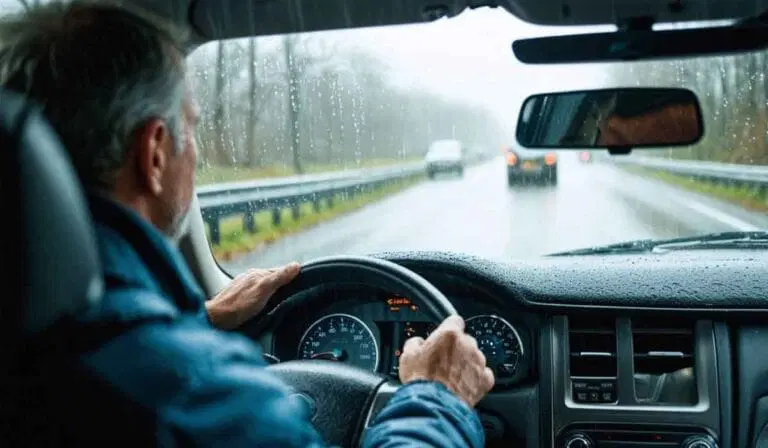 A person drives a car on a wet road during rainy weather, with hands on the steering wheel and traffic visible ahead through the windshield.