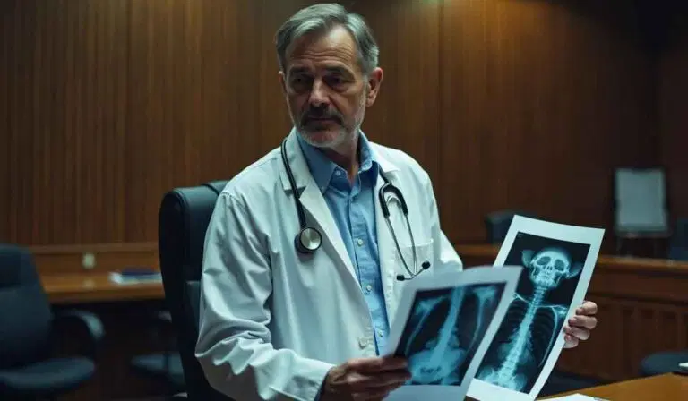A doctor in a white coat and stethoscope holds up printed X-ray images while standing in a courtroom.