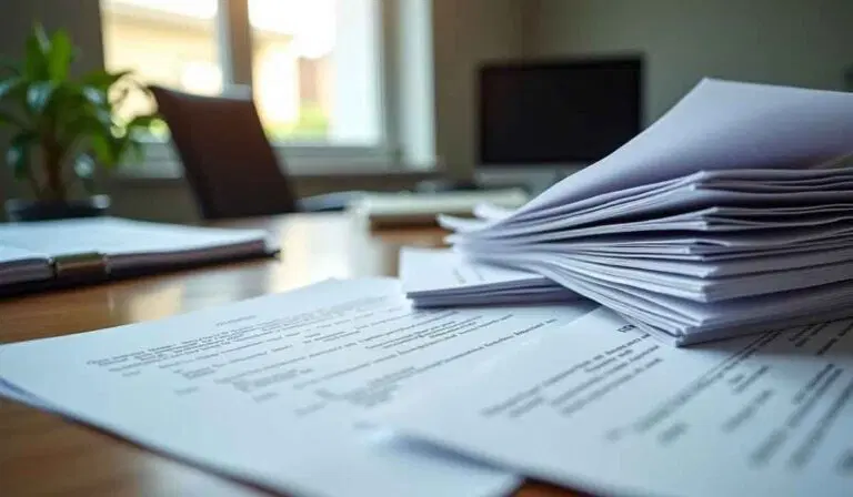 A stack of documents and papers on a wooden desk in an office with a chair, window, and computer in the background.