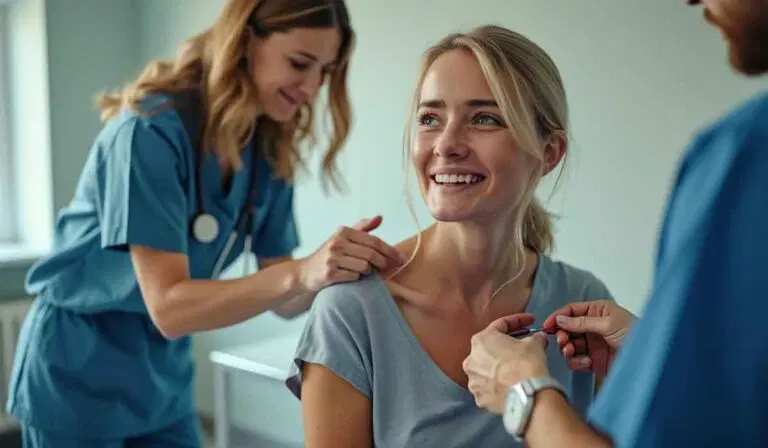 A woman in a medical setting smiles while two healthcare professionals in scrubs adjust her clothing, possibly preparing for a procedure or examination.