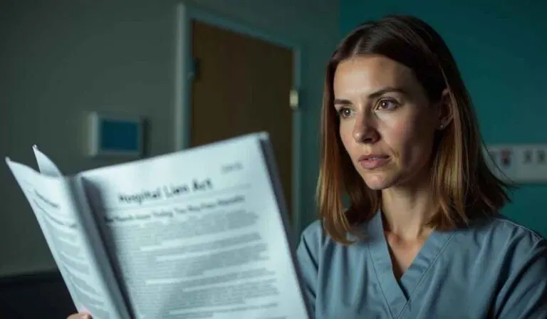 A woman in scrubs reads a document titled "Hospital Law Act" in a medical setting.