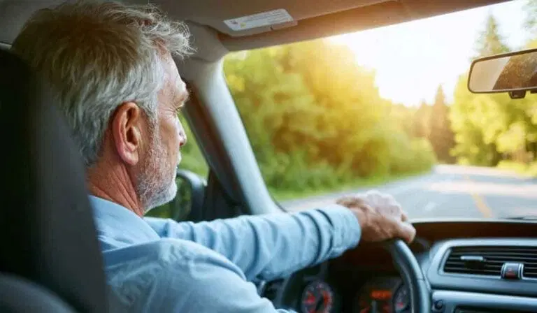 An older man with gray hair drives a car on a sunny day, looking ahead at the road through the windshield.