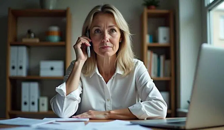 A woman in a white shirt sits at a desk with papers, talking on a mobile phone, with shelves and a laptop in the background.
