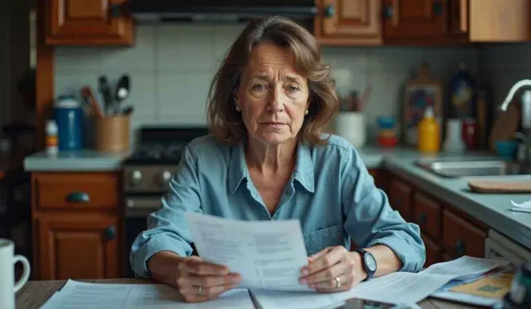 An older woman sits at a kitchen table, holding and reading documents with a serious expression. Papers are spread out in front of her, and the kitchen is visible in the background.