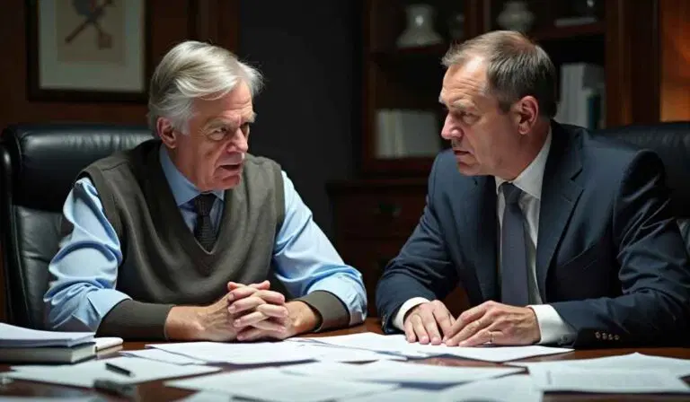 Two older men in business attire sit at a desk covered with papers, engaged in a serious discussion in an office setting.