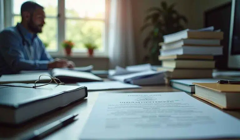 A desk with open books, documents, and stacks of papers in focus; a person sits and works on a laptop in the blurred background near a window with plants.
