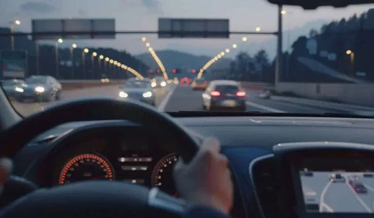 View from inside a car driving on a highway at dusk, showing hands on the steering wheel, dashboard, GPS screen, and other vehicles on the road.
