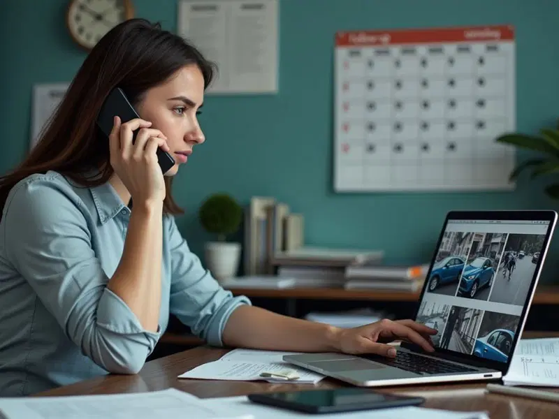 Woman sits at a desk, talking on the phone and using a laptop displaying images of cars; papers, a smartphone, and a calendar are visible on the desk and wall.