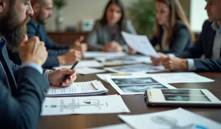 A group of people in business attire sit around a table reviewing documents and reports during a meeting.