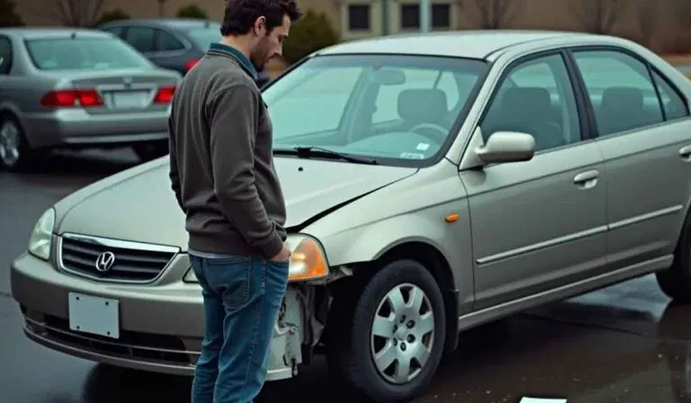 A man stands next to a silver car with visible front-end damage and a detached bumper in a parking lot.