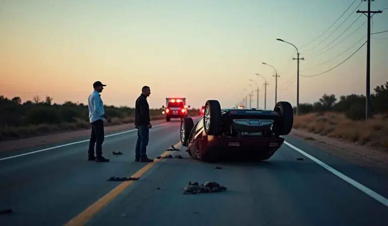 Two people stand near an overturned car in the middle of a road at dusk, with an emergency vehicle approaching in the distance. Debris is scattered on the road.