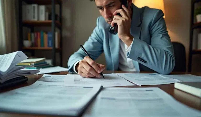 A man in a suit sits at a desk, talking on the phone and writing on documents, with papers spread out in front of him in a home office setting.