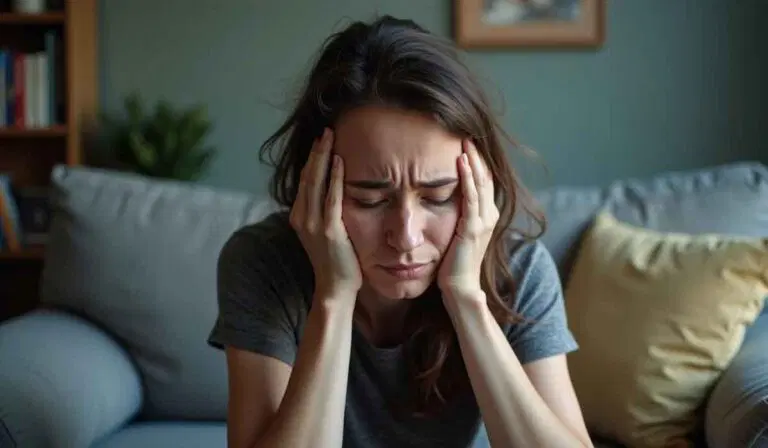 A woman sits on a couch with her elbows on her knees, holding her head in her hands and appearing stressed or upset.
