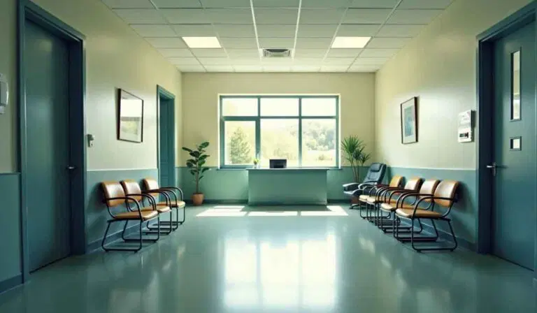 A clean, empty waiting room with rows of chairs, a window at the far end, potted plants, and closed doors on either side.