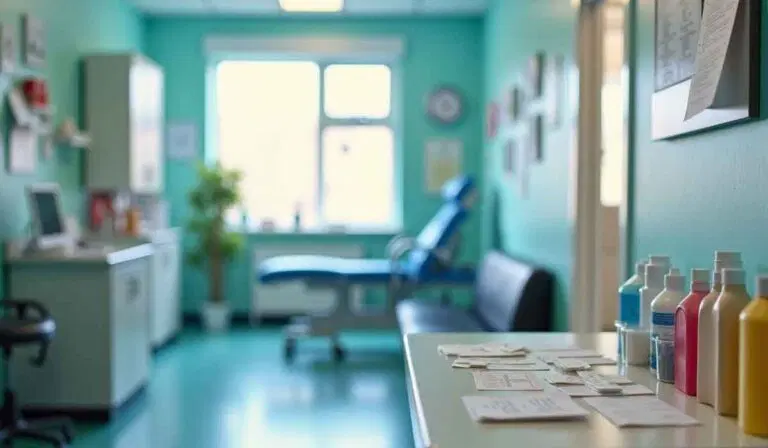 A medical examination room with a patient chair, paperwork on a counter, supply bottles, and a window letting in natural light.