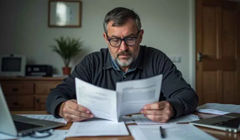 A middle-aged man wearing glasses sits at a desk reading documents, with a laptop and papers spread out in front of him in a home office setting.