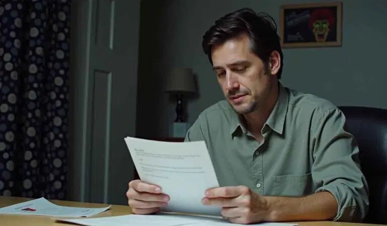 A man sits at a desk reading a document, with additional papers spread out in front of him.