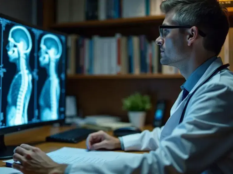 A doctor in a white coat examines brain and spine X-ray images on a computer monitor while taking notes at a desk.