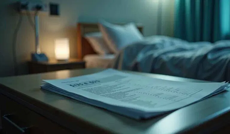 A stack of printed documents lies on a bedside table in a softly lit bedroom, with an unmade bed and a lamp visible in the background.