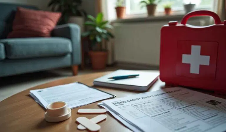 A table with medical documents, bandages, a pen, and a red first aid kit in a living room with plants and a sofa in the background.